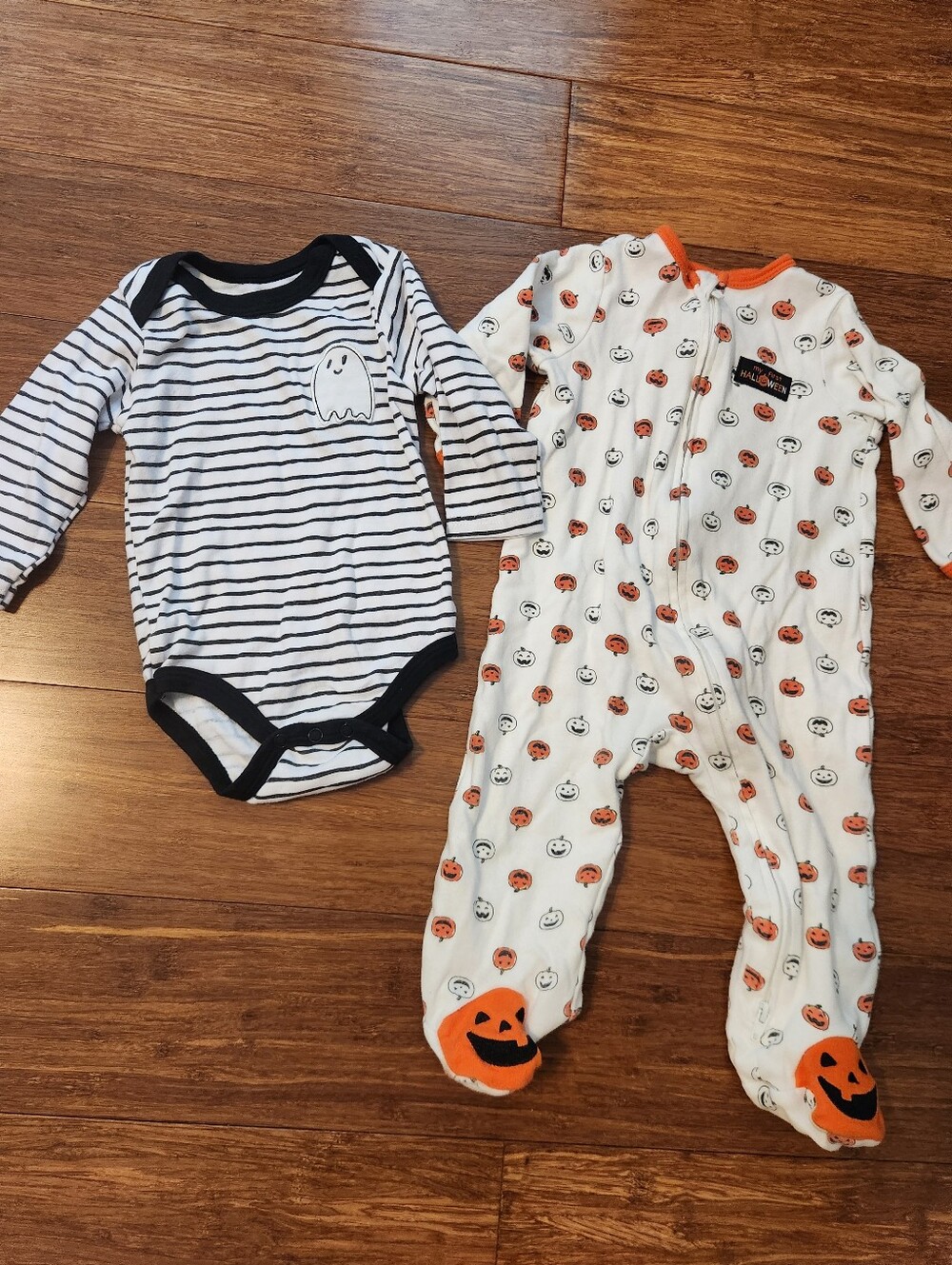 Baby Halloween Pumpkin One-Piece Pants Footie Pajamas & Ghost Onesie, 6-9 Months